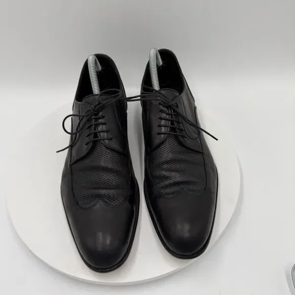 Hugo Boss Men’s 8 Black Leather Derby Wingtip Dress Shoes Woven Panels Lace-Up - Picture 3 of 8